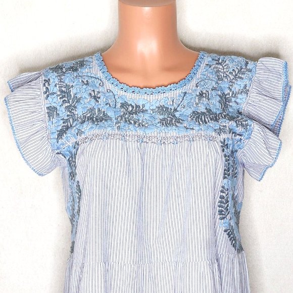 Emilia Collection Isa Dress *S/M Blue Striped Tiered with Blue Gray & Embroidery - Picture 2 of 6
